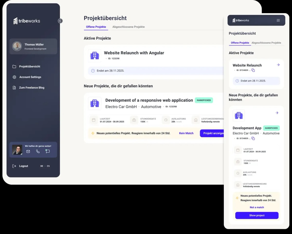 Dashboard-Ansicht eines Freelancer-IT-Portals mit Projektübersicht, aktiven Projekten und neuen Projektvorschlägen, dargestellt auf Desktop- und mobiler Ansicht.