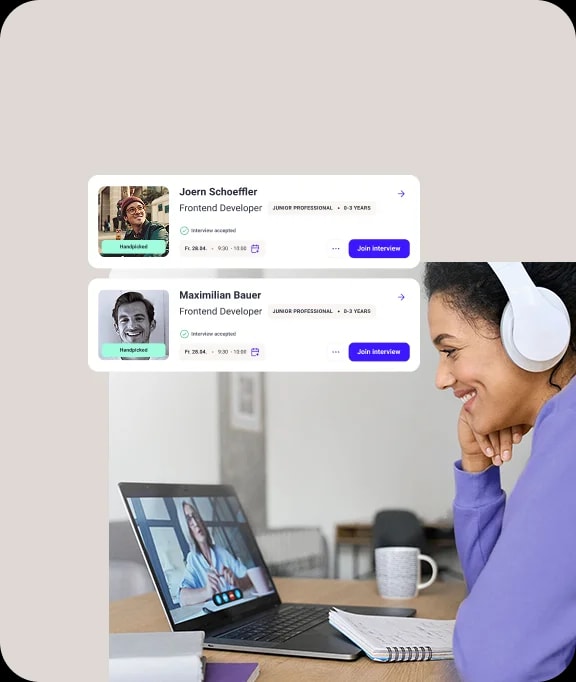 Video interview on a laptop with IT freelancer profiles from an IT freelancer portal displayed on the screen.