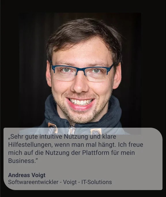 Portrait eines IT‑Freelancers mit Zitat zur intuitiven Nutzung eines Freelancer IT Portals für sein Business.