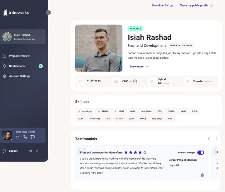 Benutzeroberfläche einer Freelancer‑Plattform mit Profilübersicht, Verfügbarkeitsstatus, Stundensatz, Standort, Skill‑Set und Kundenbewertungen für ein Freelancer‑Profil.