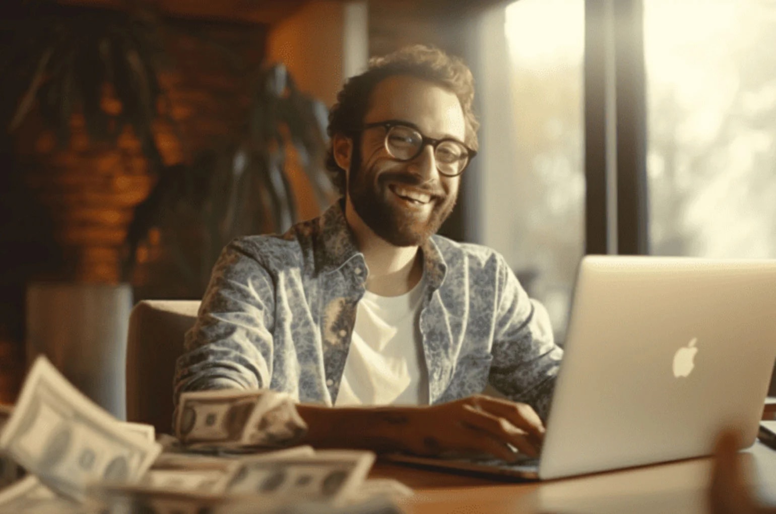 Mann am Laptop mit Geldscheinen auf dem Tisch – Beispiel für zusätzliche Einnahmen durch eine freiberufliche Nebentätigkeit bei Festanstellung.