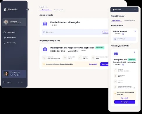 Dashboard view of a freelance IT portal showing a project overview, active projects, and new project proposals, displayed in both desktop and mobile views.