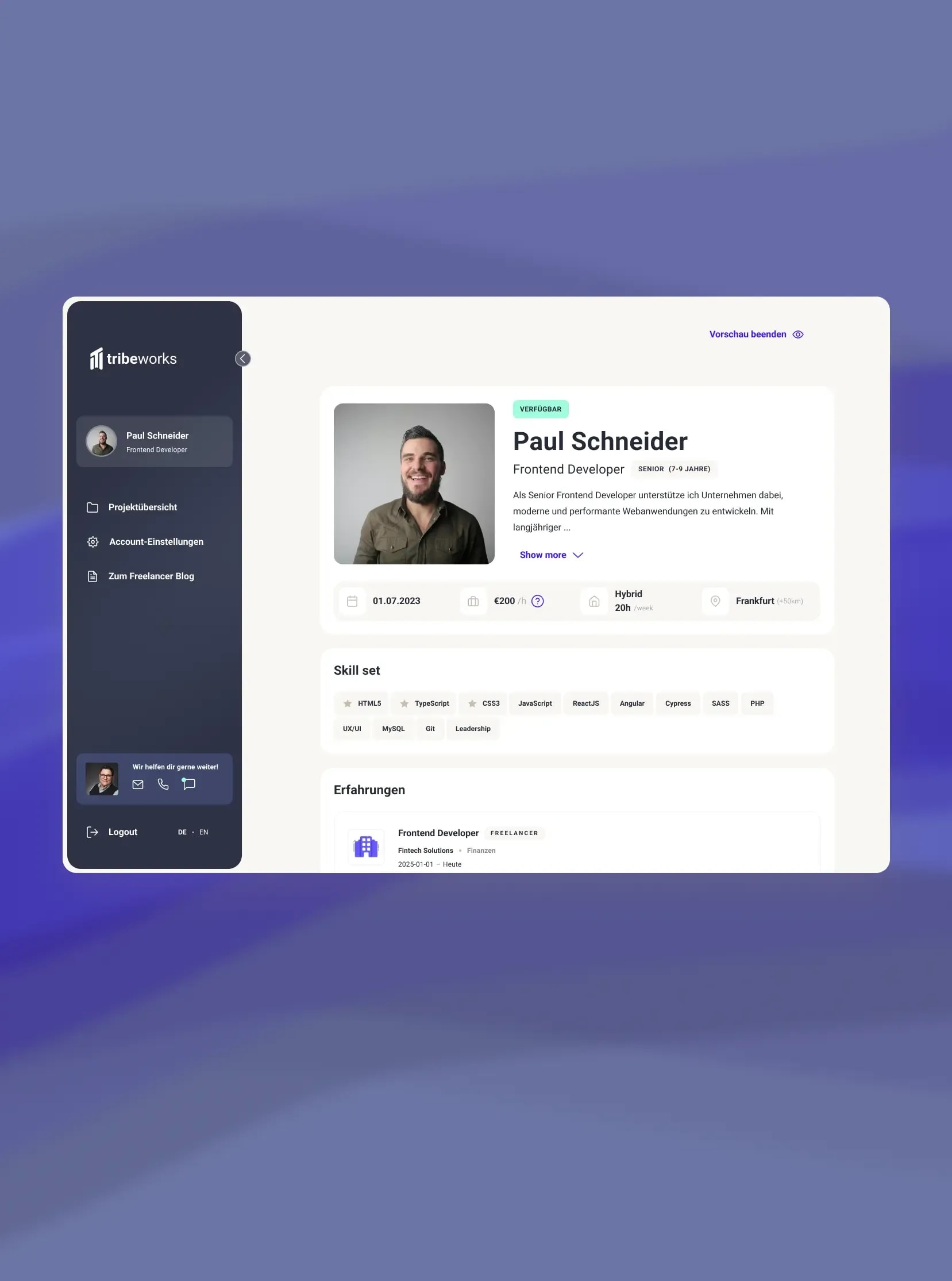 Benutzeroberfläche eines Freelancer IT Portals mit Profilübersicht, Skills, Erfahrungen und Projektinformationen innerhalb einer digitalen Plattform.