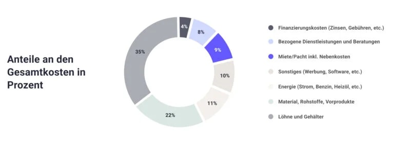 Kreisdiagramm zeigt die Anteile an den Gesamtkosten in Prozent, darunter Löhne und Gehälter als größter Posten sowie Material, Energie, Miete, Dienstleistungen, Sonstiges und Finanzierungskosten – Grundlage zur Analyse und zum Personalkosten senken