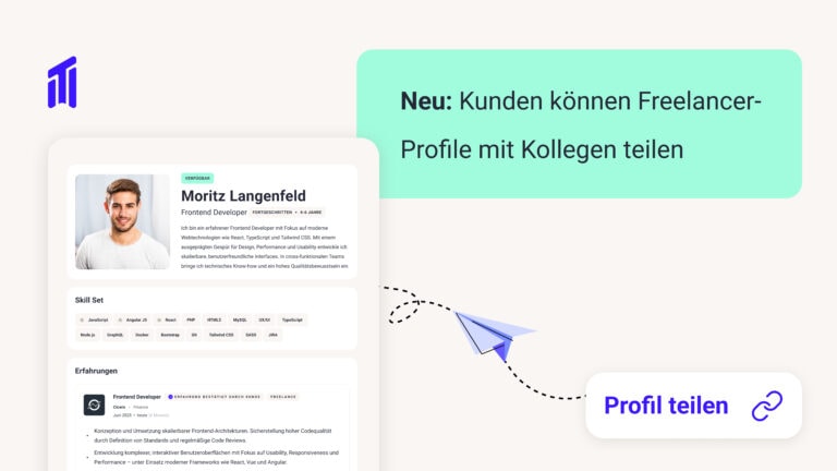 Benutzeroberfläche von tribeworks mit Freelancer‑Profil und Funktion zum Teilen von Profilen mit Kollegen.