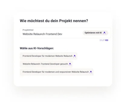 Eingabemaske zur Benennung eines Frontend‑Projekts mit KI‑gestützten Vorschlägen für den Projekttitel.