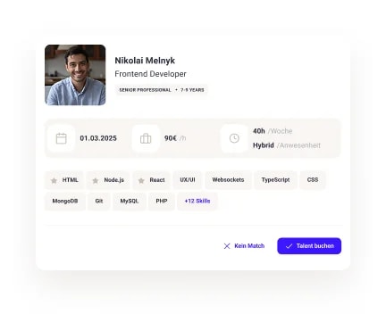 Freelancer‑Profil eines Frontend Developers mit Verfügbarkeit, Stundensatz pro Stunde und Skill‑Übersicht wie HTML, React, Node.js und TypeScript.