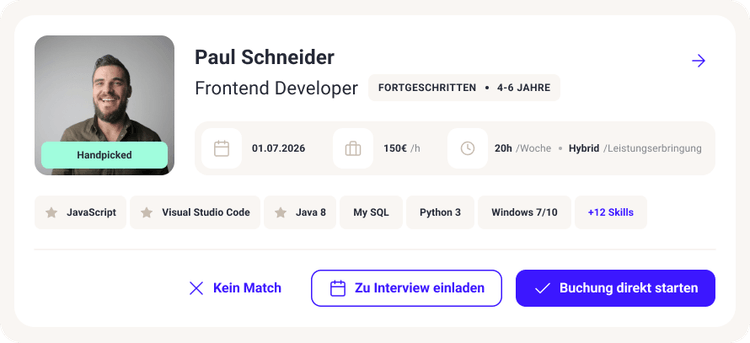 Profilansicht eines IT‑Freelancers mit Skills, Verfügbarkeit und Stundensatz innerhalb eines IT Freelancer Portals.