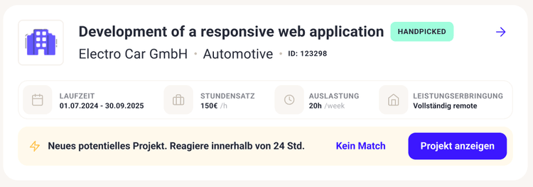 Projektübersicht mit Angaben zu Stundensatz und Auslastung innerhalb eines IT Freelancer Portals.
