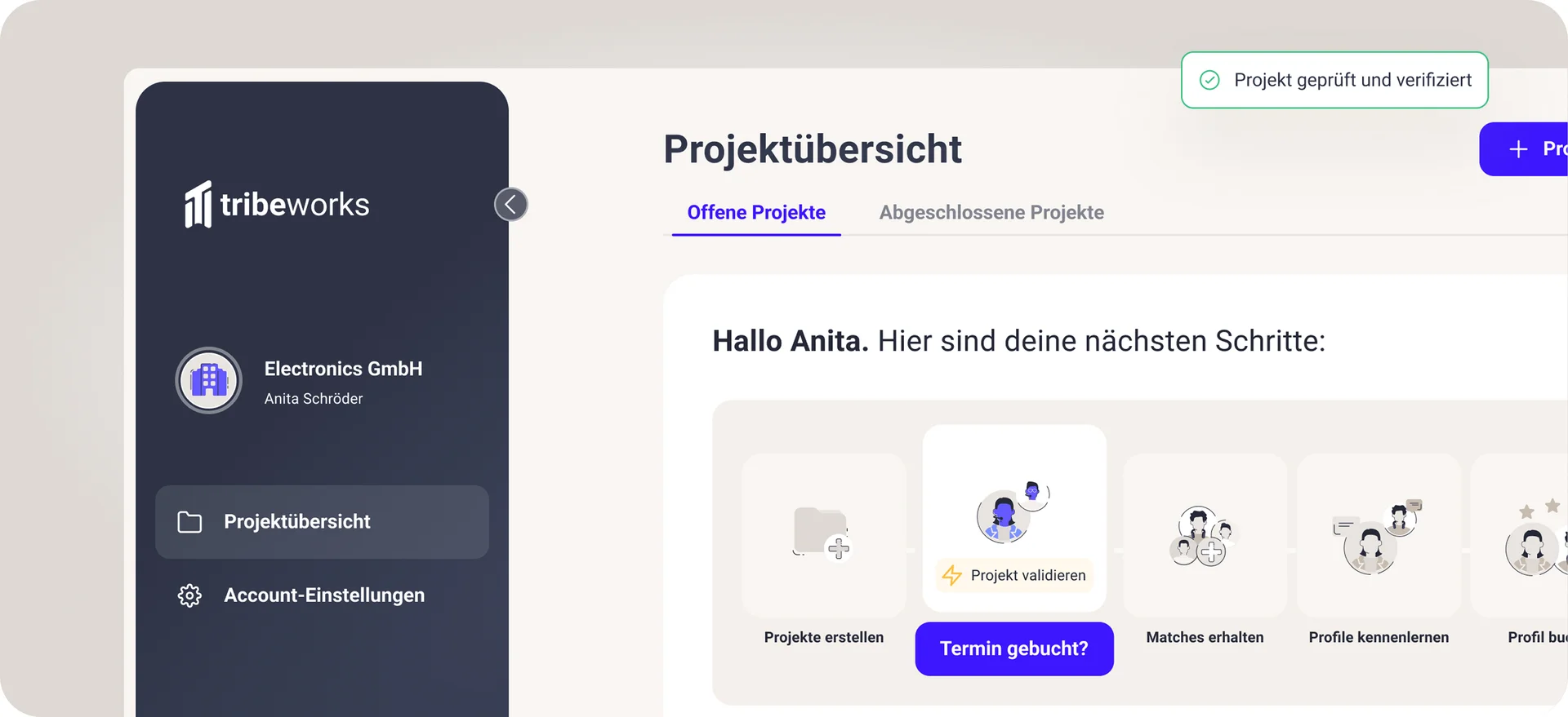 Einblick in die Projektübersicht auf Plattform tribeworks