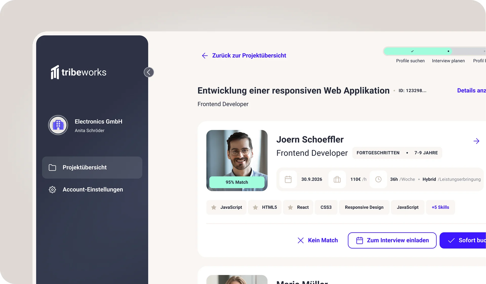 Einblick in eine Freelancerprofil auf der Plattform tribeworks
