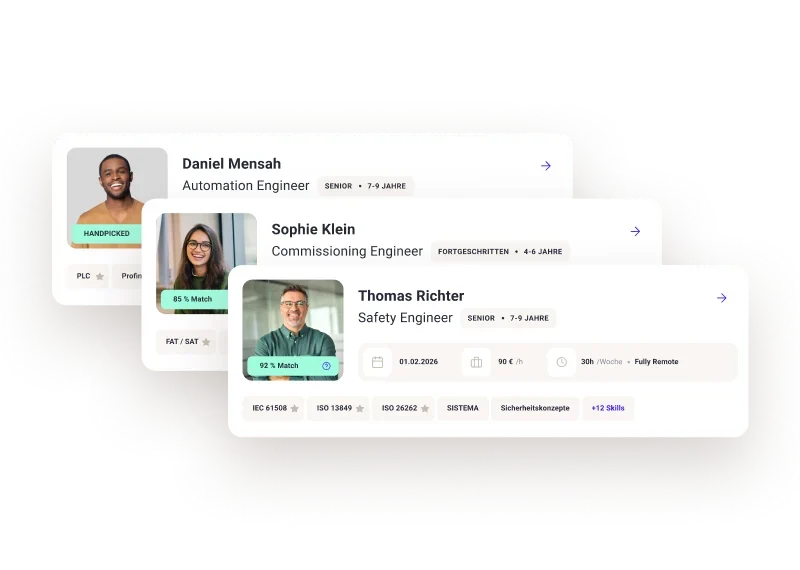 Übersicht passender Engineering‑Freelancer mit Match‑Score für Automation, Commissioning und Safety Engineering.