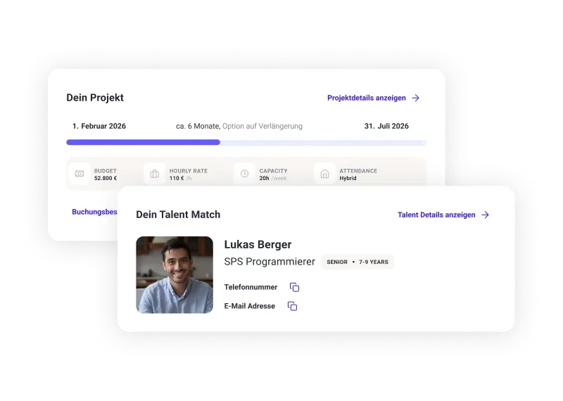 Projektübersicht mit Zeitraum und Budget sowie Anzeige des gematchten SPS‑Programmierers als Talent‑Match