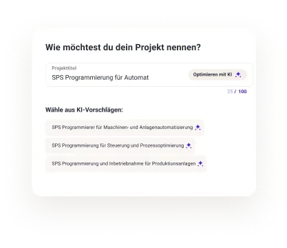 Eingabemaske zur Benennung eines SPS‑Projekts mit KI‑gestützten Vorschlägen für Automatisierungs‑ und Anlagenprojekte.