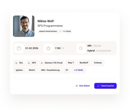 Freelancer‑Profil eines SPS‑Programmierers mit Verfügbarkeit, Stundensatz und Skills wie Siemens TIA Portal, Beckhoff, Codesys und Schritt 7.