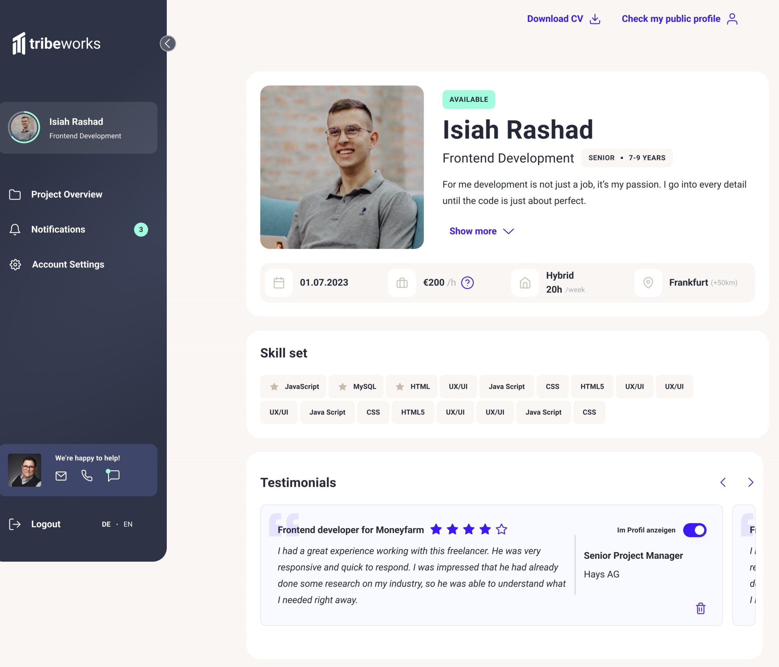 Profilansicht eines Frontend-Entwicklers auf derFreelancer-Plattform tribeworks mit Informationen zu Verfügbarkeit, Stundensatz, Fähigkeiten und Kundenbewertungen – ideal für alle, die freelancer werden möchten.